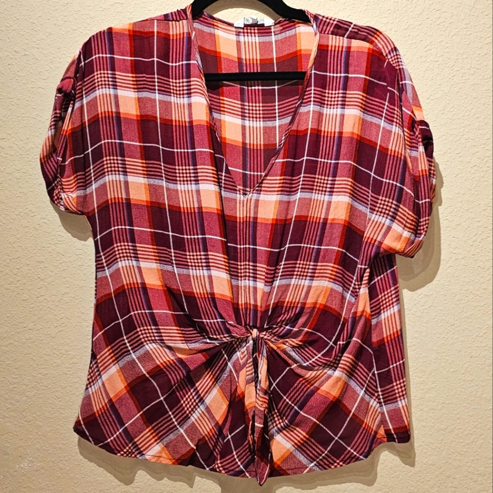 Lucky Brand Plaid Sheer Tie Front Blouse Size Medium Maroon/Red